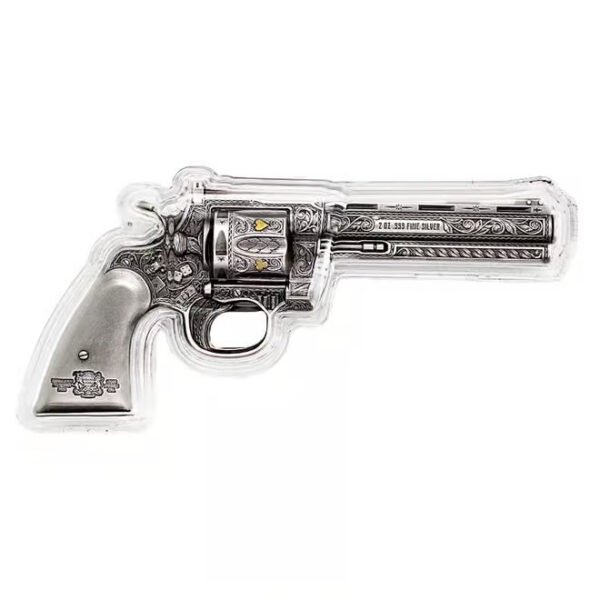 Click thumbnails to enlarge  2023 Chad 10,000 Francs - Revolver Shaped Gun Metal  - 2oz Silver