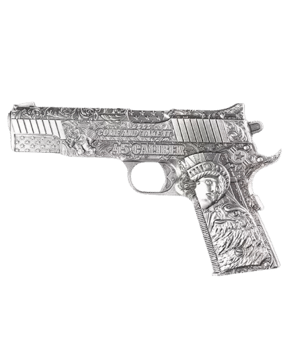 45 CALIBER PISTOL HANDGUN Antique 2 Oz Silver Coin 10000 Francs Chad 2024